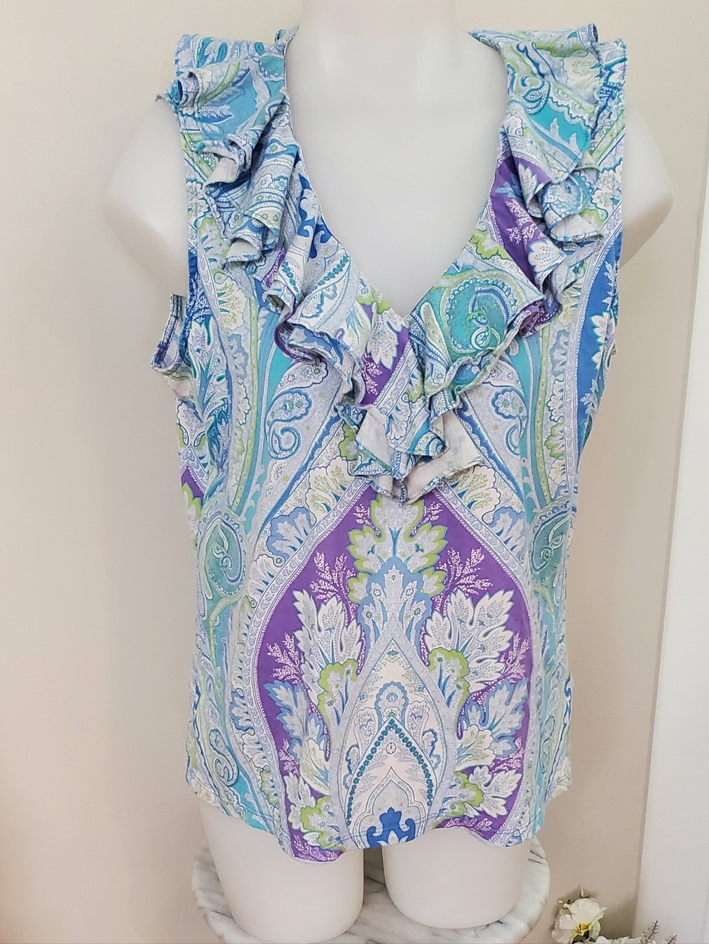 Ralph Lauren Cotton Ruffle V-Neck Tee XL